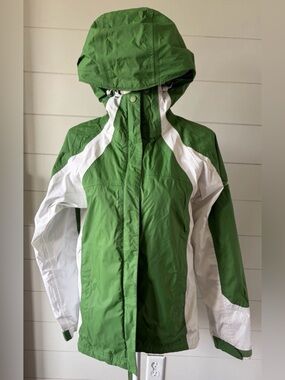 Columbia Omni-Tech Rain Jacket Womens S Small Green White Hooded Waterproof